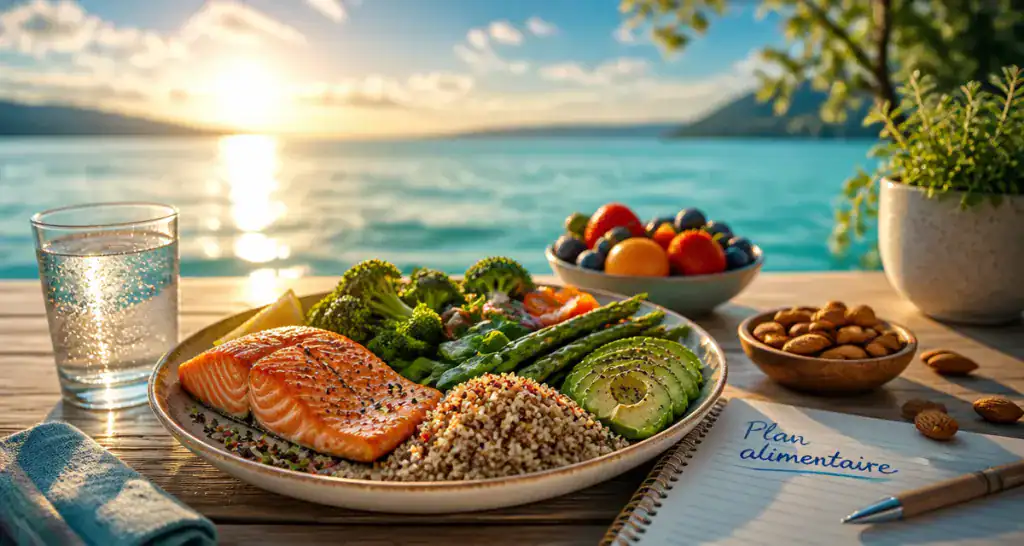 plan alimentaire pour perte de poids assiette équilibrée saumon légumes eau