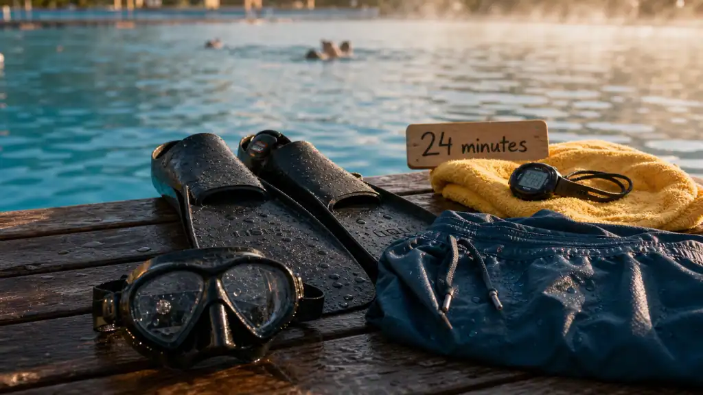 record apnée 24 min : palmes et chronomètre au bord du bassin