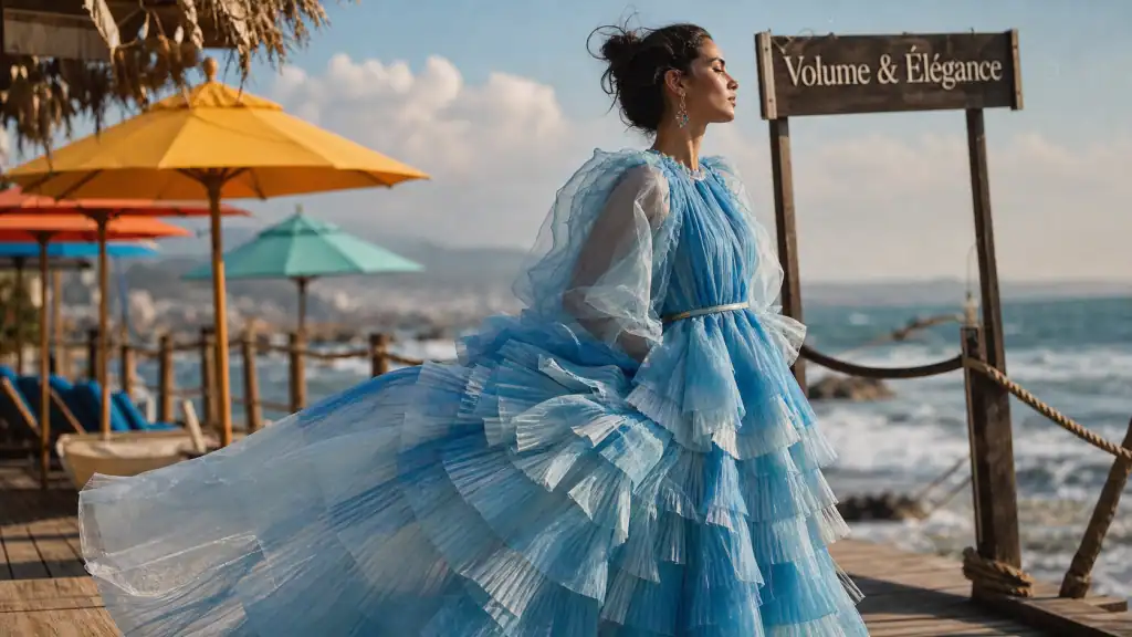 Robe volumineuse et élégante sur terrasse, tulle et organza au bord de l’eau