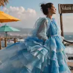 Robe volumineuse et élégante sur terrasse, tulle et organza au bord de l’eau