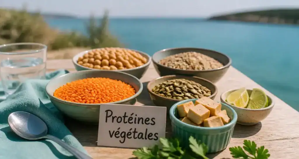 Sources de proteines vegetales : bols de lentilles corail, pois chiches et quinoa