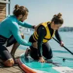 Sports sur l’eau : moniteur aide une débutante au SUP sur un lac calme