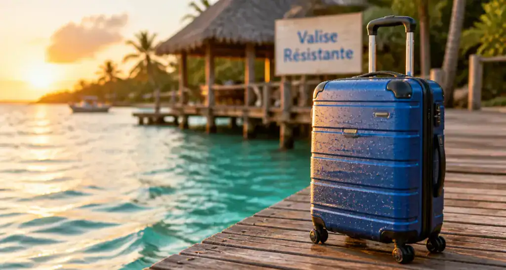 valise resistante bleu sur quai bord eau