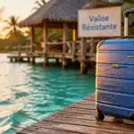 valise resistante bleu sur quai bord eau
