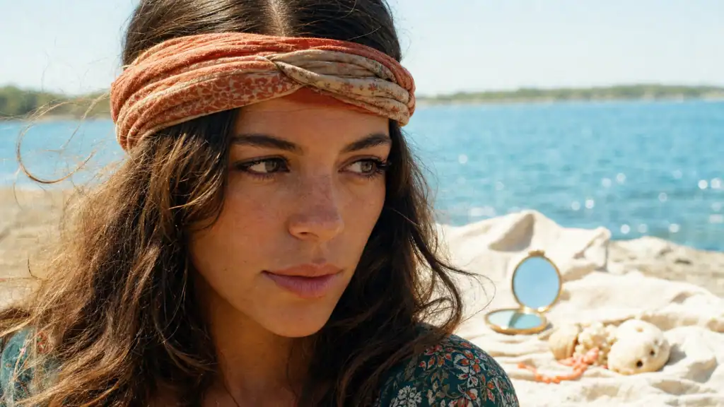 Coiffure année 70 bandeau hippie, front volume disco, foulard noué