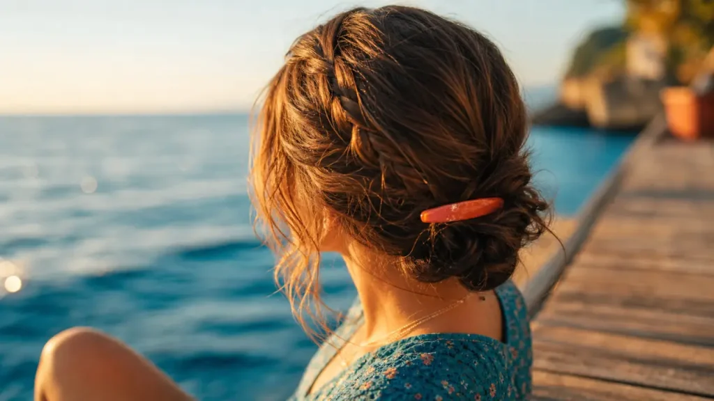Coiffure bohème simple : chignon bas et tresse floue, cheveux mi-longs