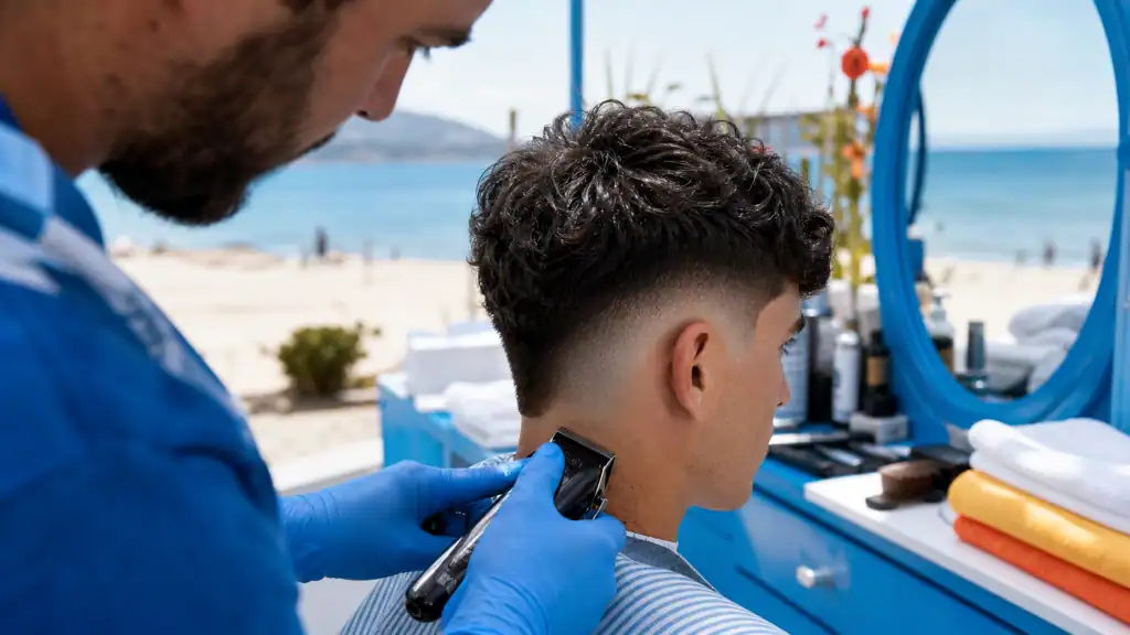 Coupe burst fade : dégradé arrondi net autour de l’oreille