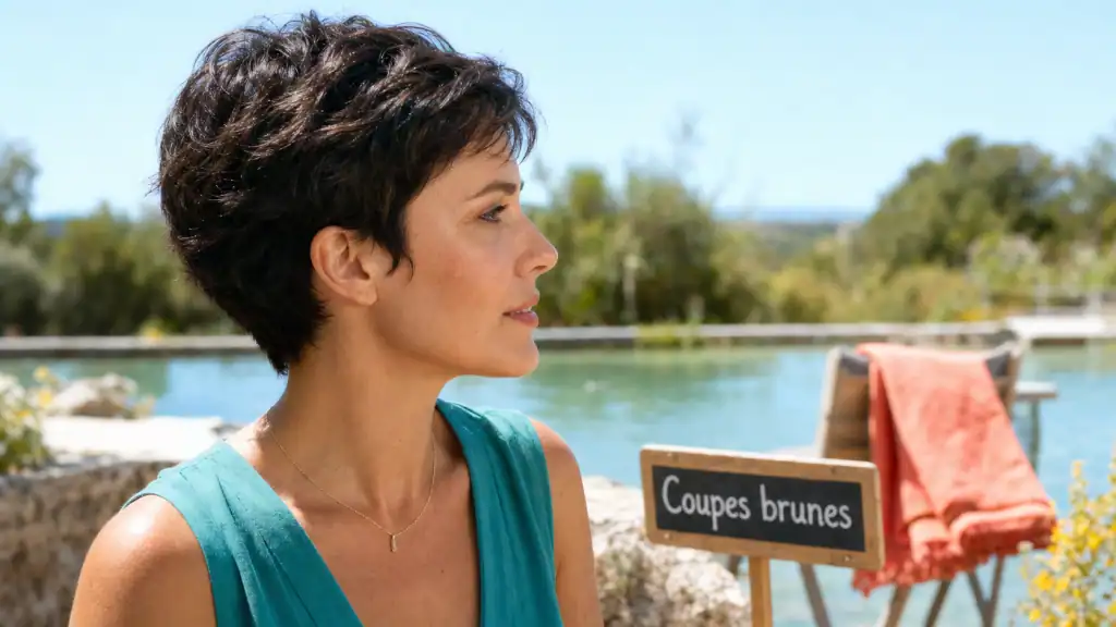 Coupe courte brune : femme brune pixie de profil au bord de l’eau