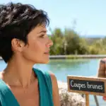 Coupe courte brune : femme brune pixie de profil au bord de l’eau