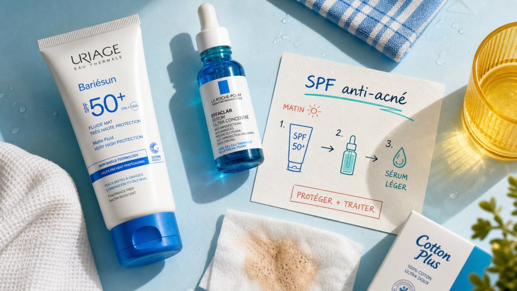 Creme solaire acné SPF 50+ matifiant, sans boutons post-soleil