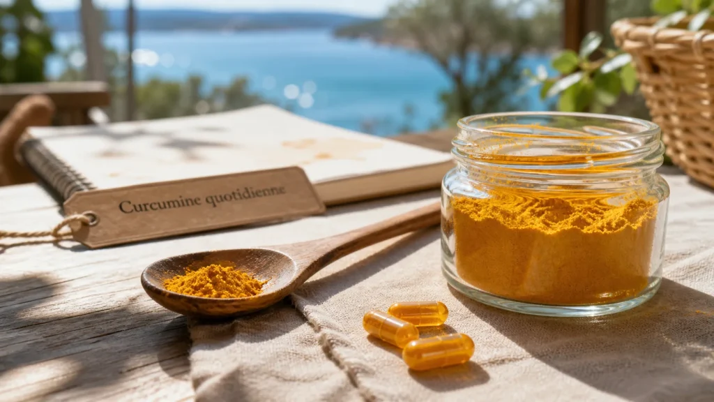 Curcuma contre indication : gélules de curcumine près de la poudre de curcuma
