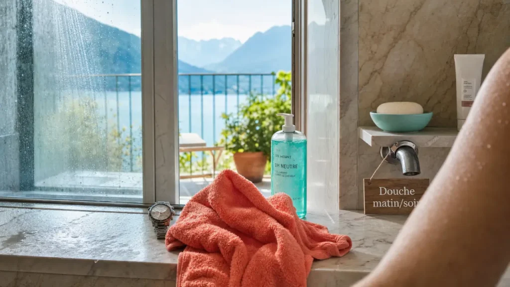 Douche le matin ou le soir : serviette et produits en salle de bain