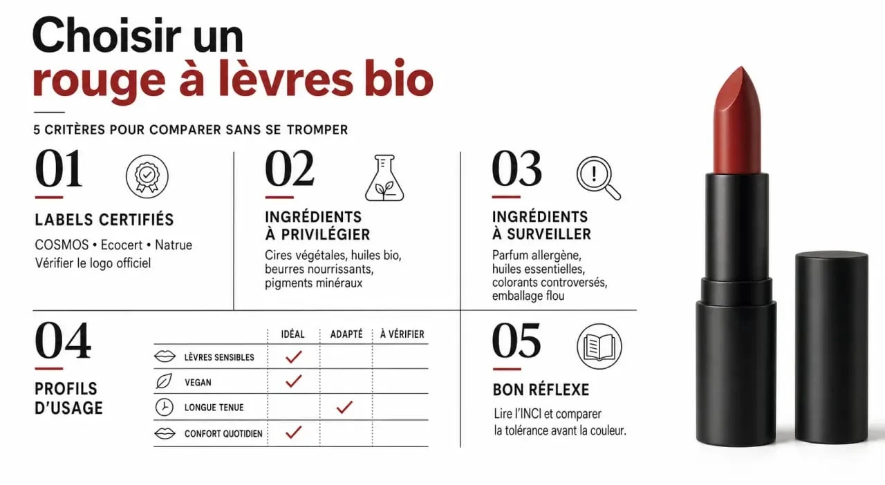 Rouge à lèvres bio que choisir : comparatif visuel des labels, ingrédients et critères de sélection