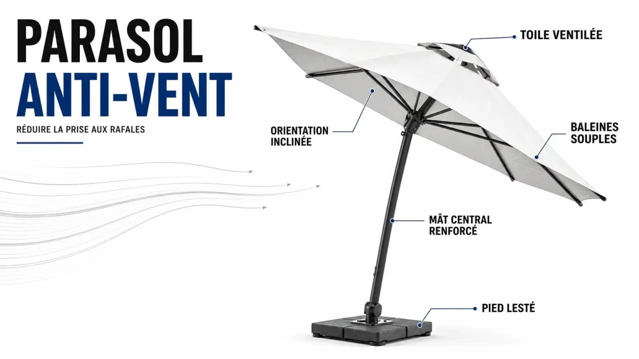 Parasol anti vent illustré avec mât, baleines souples, pied lesté et orientation réglable sur terrasse exposée