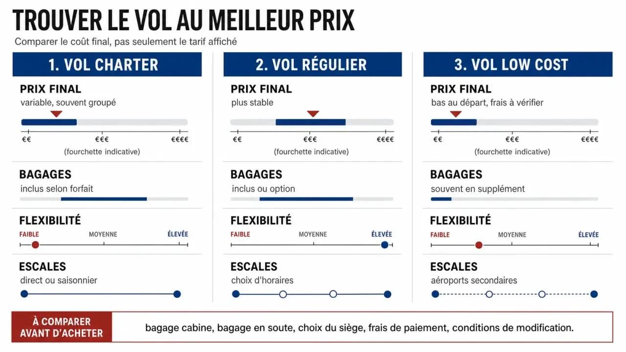 Illustration pour trouver un vol au meilleur prix avec comparaison entre charter, régulier et low cost