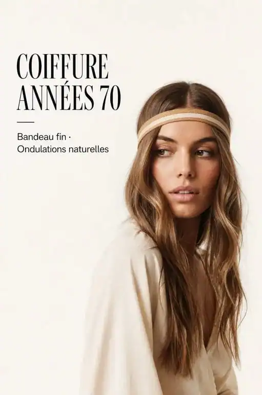 Coiffure année 70 bandeau sur cheveux longs ondulés avec raie au milieu et style hippie rétro