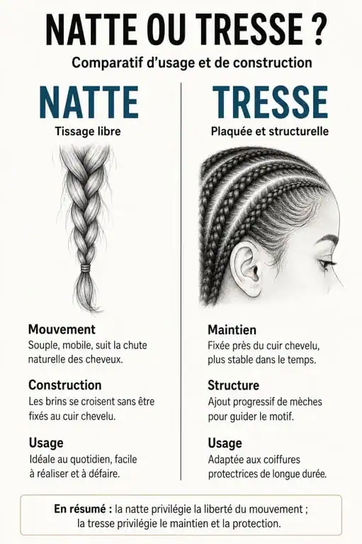 Infographie comparative entre natte et tresse pour comprendre les différences techniques et d'usage