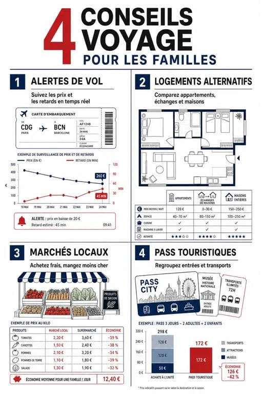 Infographie des astuces pour voyager avec des enfants sans se ruiner