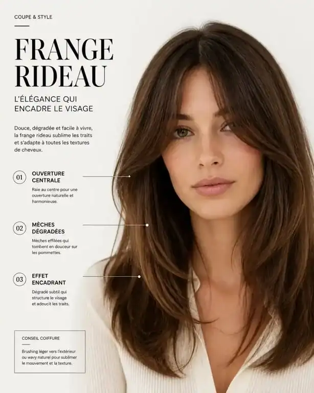 Frange rideau brune sur cheveux bruns avec effet encadrant le visage