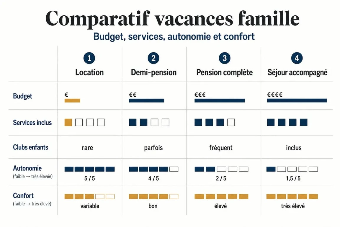 Comparatif des vacances famille entre location, demi-pension, pension complète et séjour accompagné