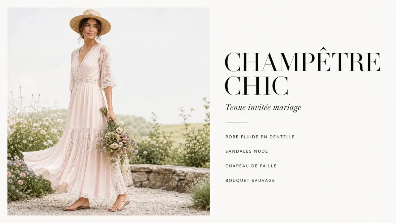 Tenue champêtre chic pour femme avec robe fluide, sandales plates et chapeau de paille