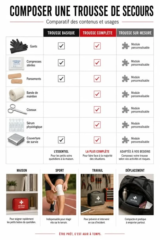 Comparatif visuel d’une trousse de secours complète avec les versions basique et sur mesure