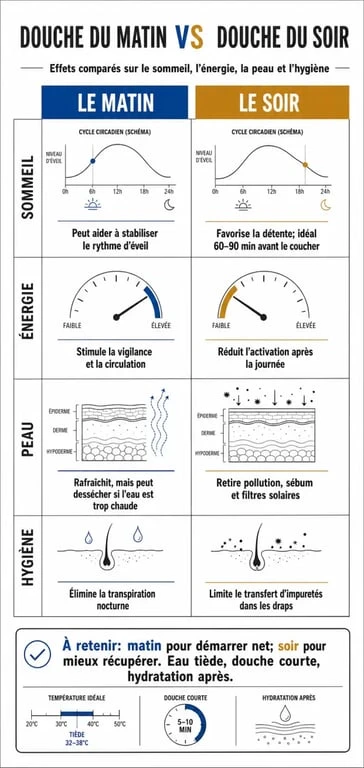 Infographie comparative des bienfaits de la douche le matin ou le soir pour la santé et le sommeil