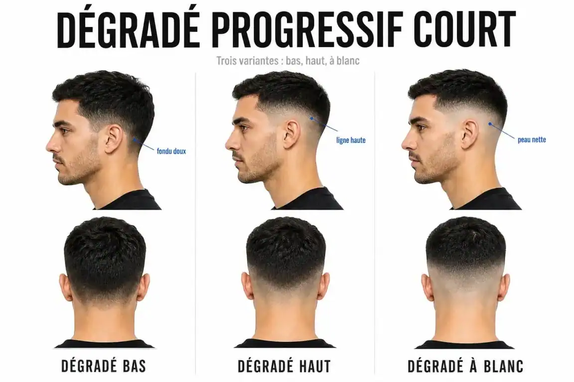 Dégradé progressif court : trois variantes de coupe homme en vue de profil et de nuque