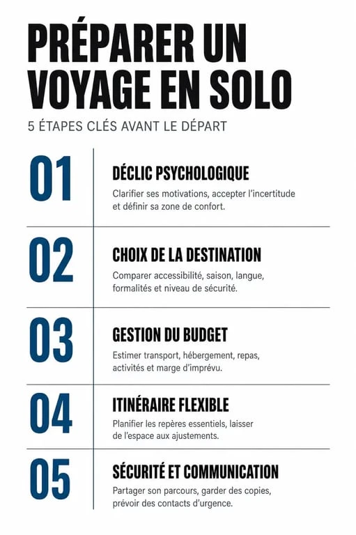 Infographie des étapes pour bien préparer un voyage en solo