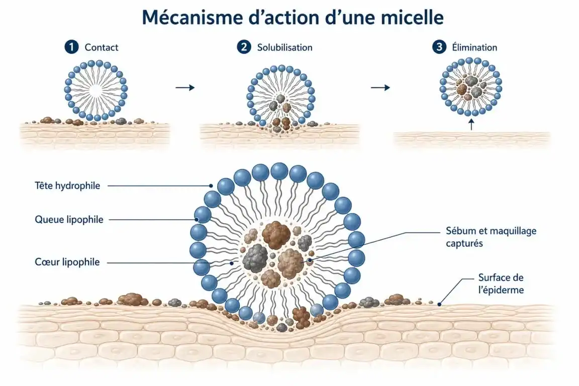 Schéma explicatif du fonctionnement de l'eau micellaire et son action sur la barrière cutanée selon l'avis des dermatologues