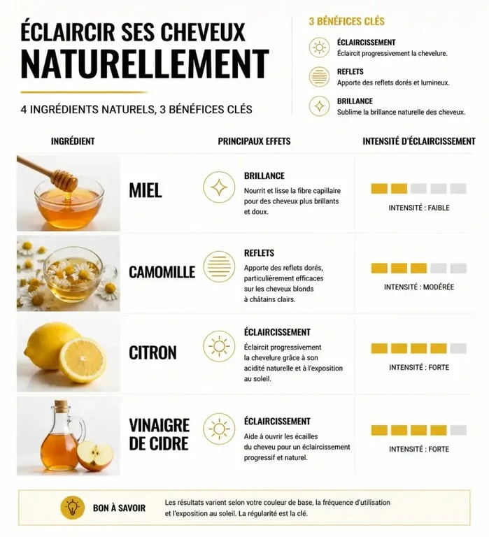 Infographie des ingrédients naturels pour éclaircir ses cheveux naturellement et leurs effets