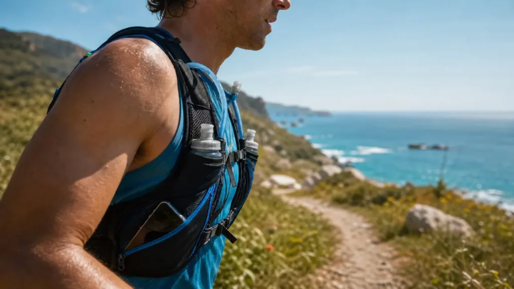 Gilet hydratation en course avec flasques et poche d’eau, maintien sans rebond