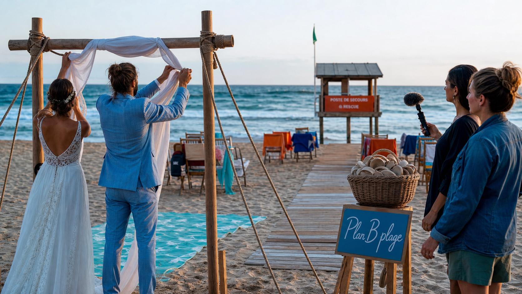 Mariage à la plage : couple ajuste des rubans sur arche en bois, plage coucher de soleil
