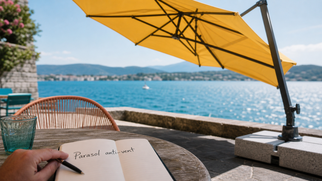 Parasol anti vent avec baleines et lestage béton sur terrasse au bord de l’eau