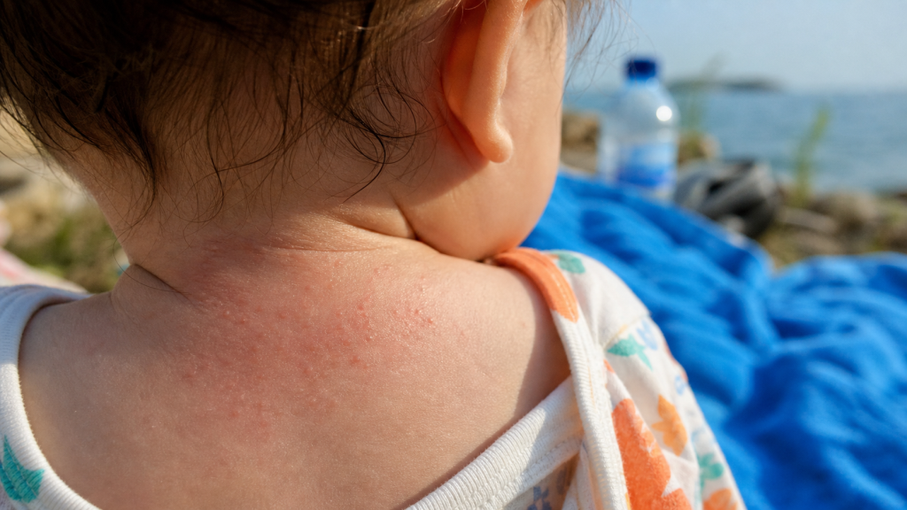 Photo de bouton de chaleur sur la nuque d’un bébé : micro-boutons de miliaire