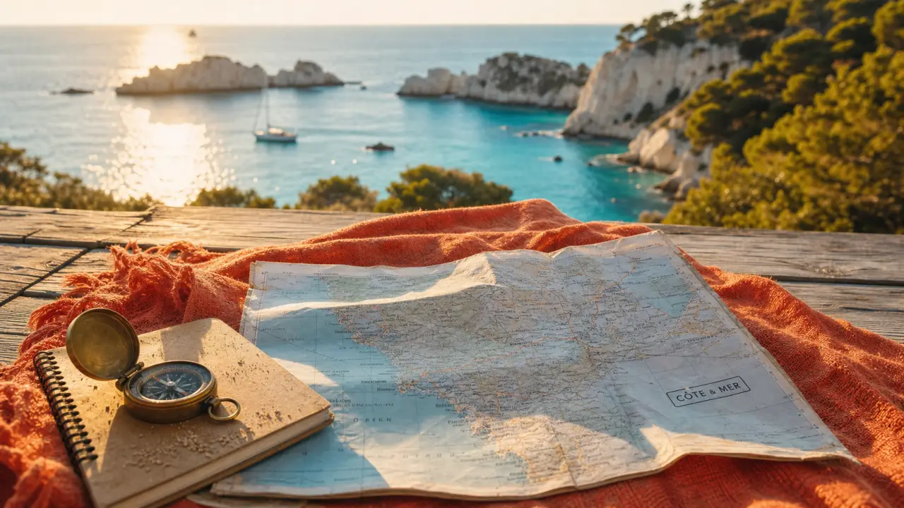 Plus belle region de france : carte routière et mer turquoise (Corse, Bretagne ou Provence) au coucher du soleil
