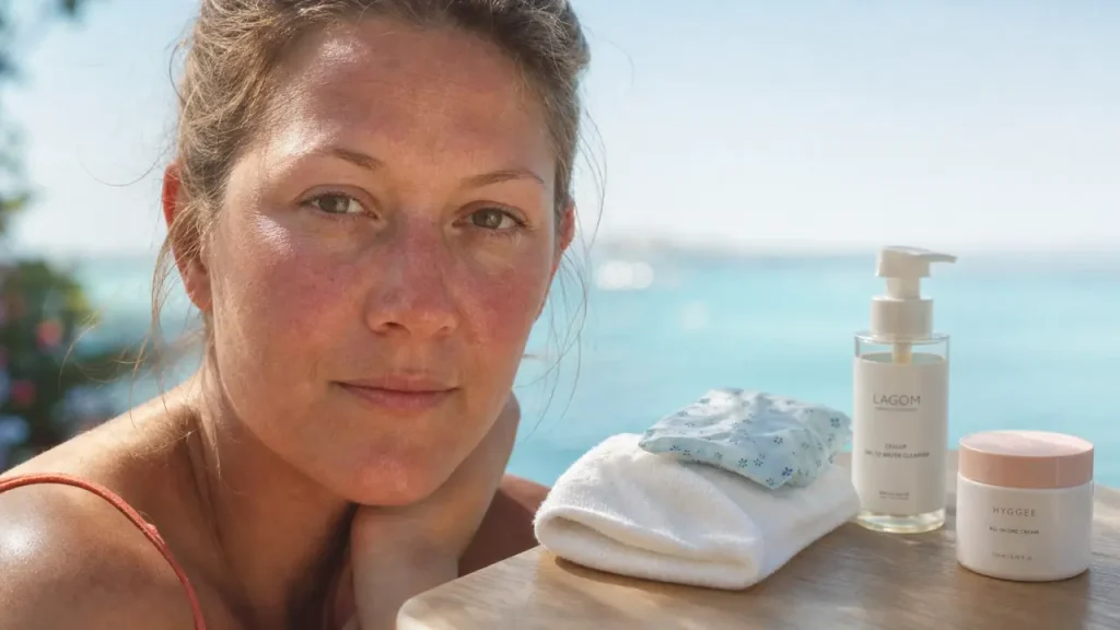 Rougeur visage : femme avec joues rosies et compresse fraîche