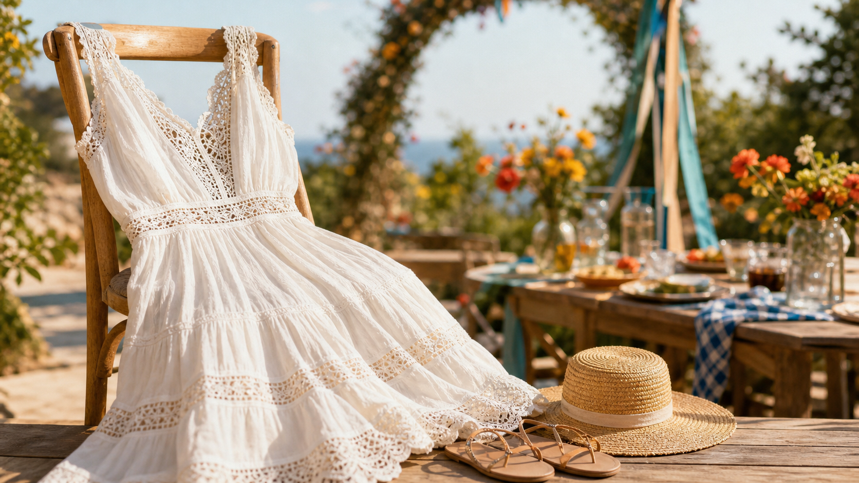 Tenue champêtre : robe fluide ivoire, chapeau et sandales, style Riviera