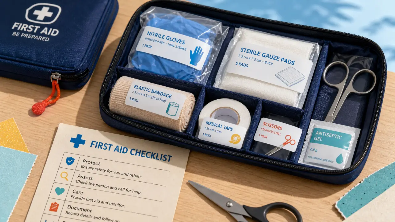 Trousse de secours complète 41 47 ou 80 pièces, ouverte sur table
