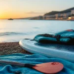 Activités nautiques nice : paddle et gilet sur la Promenade des Anglais au lever du jour