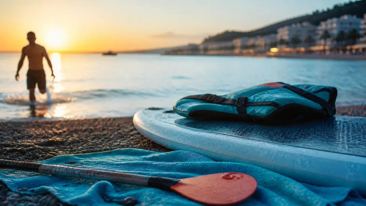 Activités nautiques nice : paddle et gilet sur la Promenade des Anglais au lever du jour