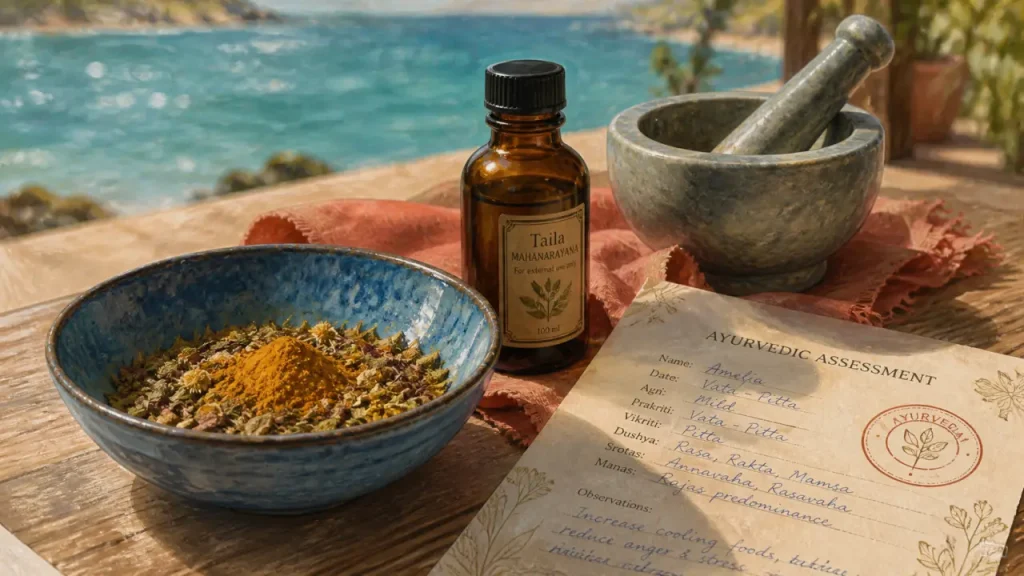 Photo ayurveda : bol d’herbes, doshas et 5 éléments