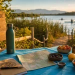 def tourisme vert : table et produits locaux au bord d’une rivière, vue golden hour
