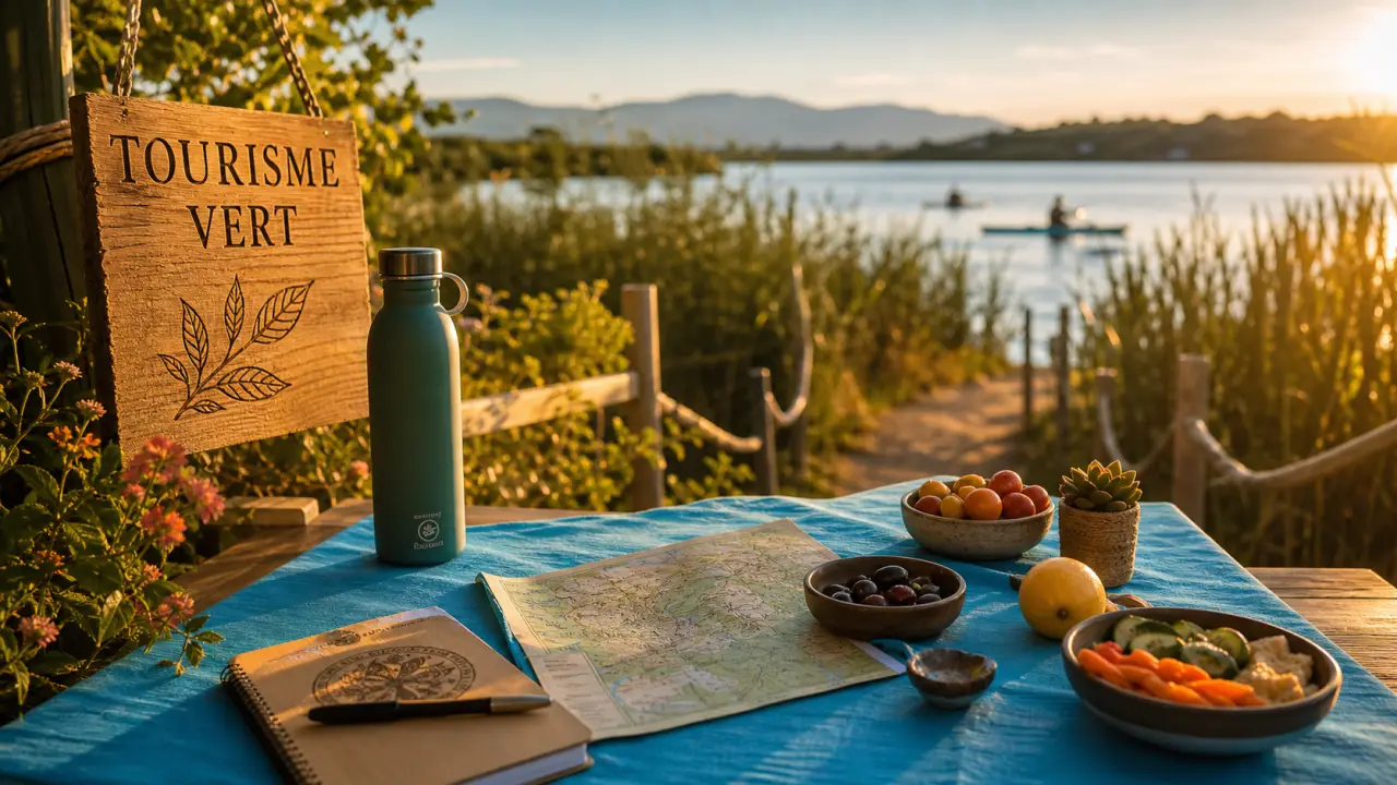 def tourisme vert : table et produits locaux au bord d’une rivière, vue golden hour