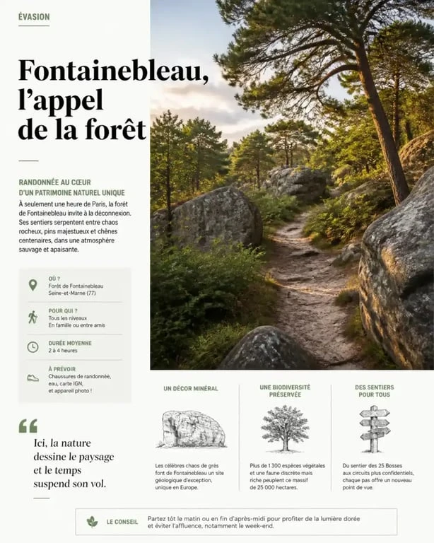 Sentier de randonnée dans la forêt de Fontainebleau entre les rochers de grès