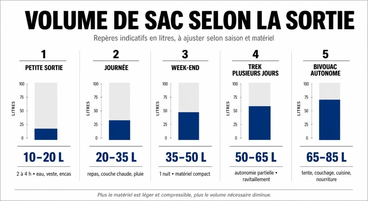 Infographie sur le sac de randonnée : volumes conseillés selon la durée de sortie et le niveau d’autonomie