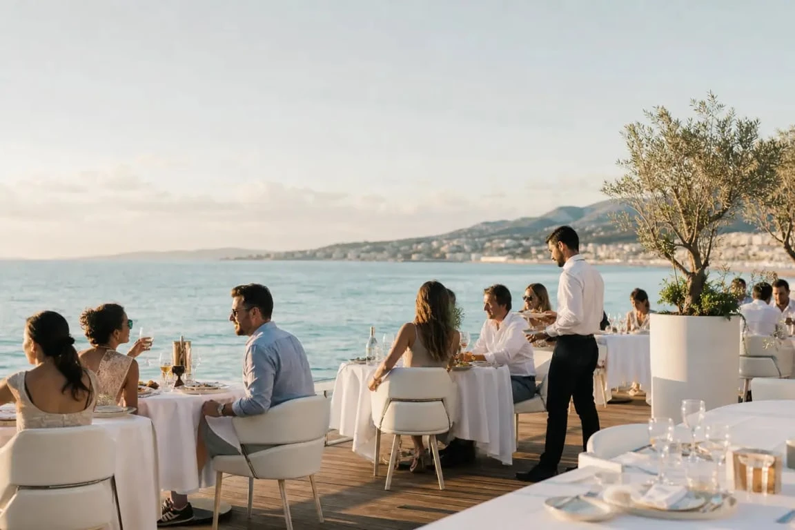 Restaurant plage Beau Rivage à Nice, ambiance élégante de repas au bord de l’eau
