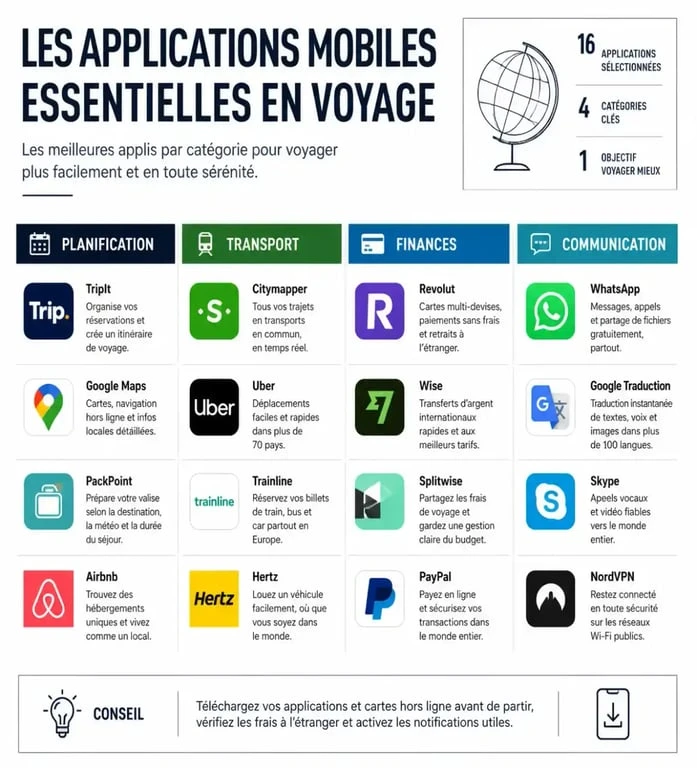 Infographie des applications utiles en voyage classées par catégorie pour une organisation optimale.