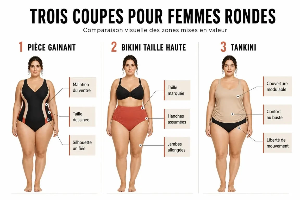 Comparatif visuel maillot de bain pour les femmes rondes : 1 pièce, bikini taille haute et tankini