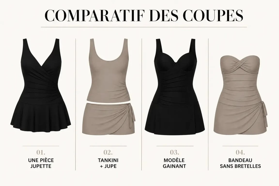 Comparatif visuel d’un maillot de bain jupe montrant plusieurs coupes et niveaux de couvrance